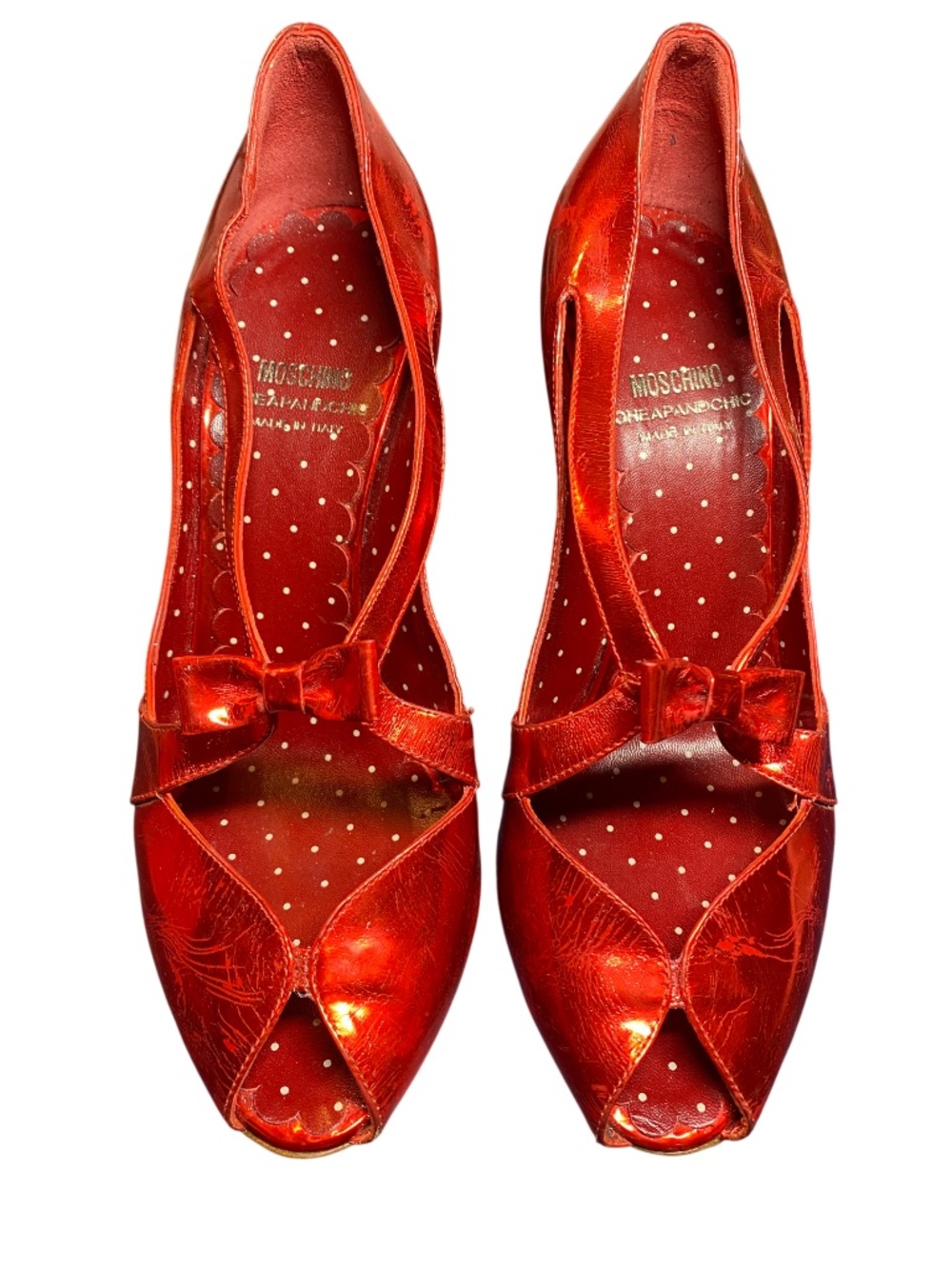 Vintage Moschino Cheap and Chic Metallic Red Bow Peep Toe Heels Box 37 7